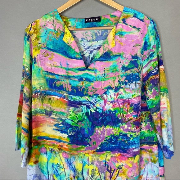Pazuki London Dress Colorful Vibrant Shift 3/4 Length Sleeves Size Small Scenery - Picture 3 of 14